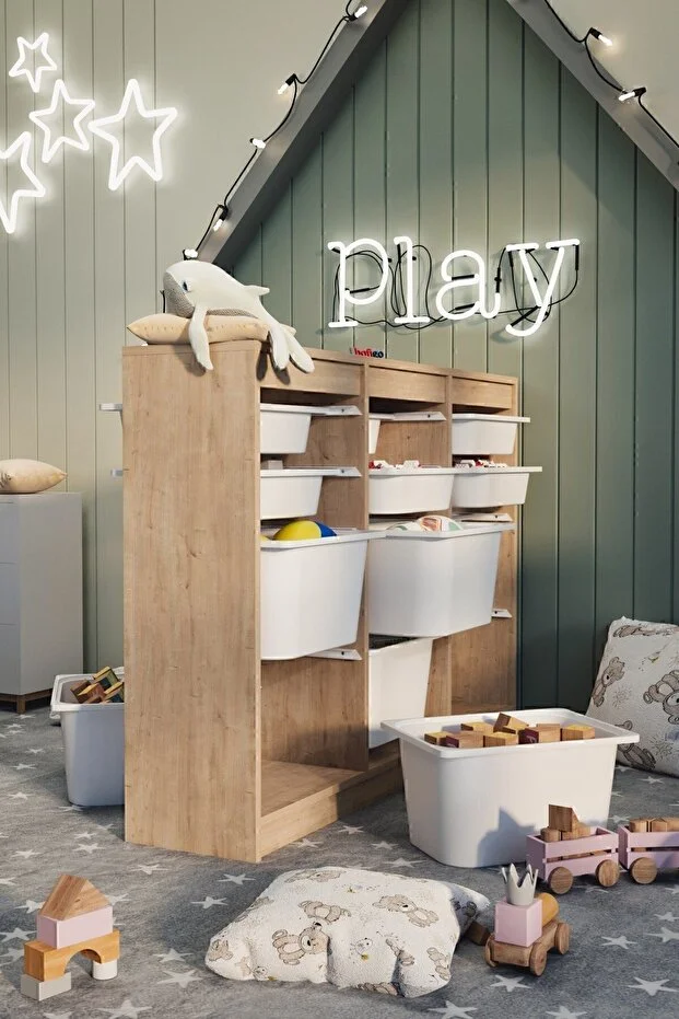 12 Sepetli Dolap Çok Amaçlı Dolap Oyuncak Dolabı Lara Safir Meşe